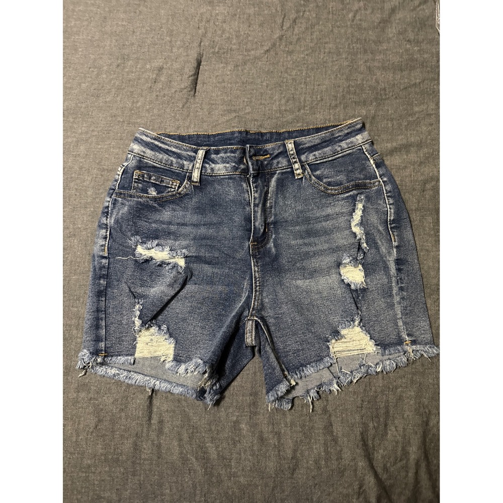Womens Distressed Denim Shorts Medium Wash Frayed Raw Hem Size M